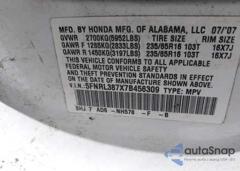 2007 Honda Odyssey Ex-L from USA, damaged, VIN 5FNRL387X7B456309